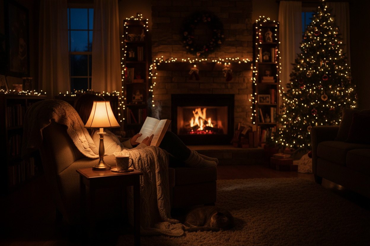 fait moit une personne entrain de lire dans son salon avec des lumiere de noel dans son salon et un foyer et il fait sombre dans le salon et elle a une petite lampe qui l'allume
